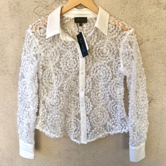 NWT Gracia White Lace Mesh Blouse Small - Picture 6 of 8